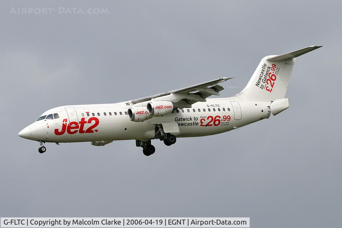 G-FLTC, 1991 British Aerospace BAe.146-300 C/N E3205, British Aerospace BAe146-300 on approach to rwy 25 at Newcastle, UK.