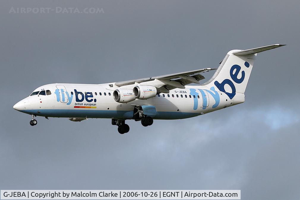 G-JEBA, 1990 British Aerospace BAe.146-300 C/N E3181, British Aerospace BAe146-300 on approach to rwy 25 at Newcastle, UK.