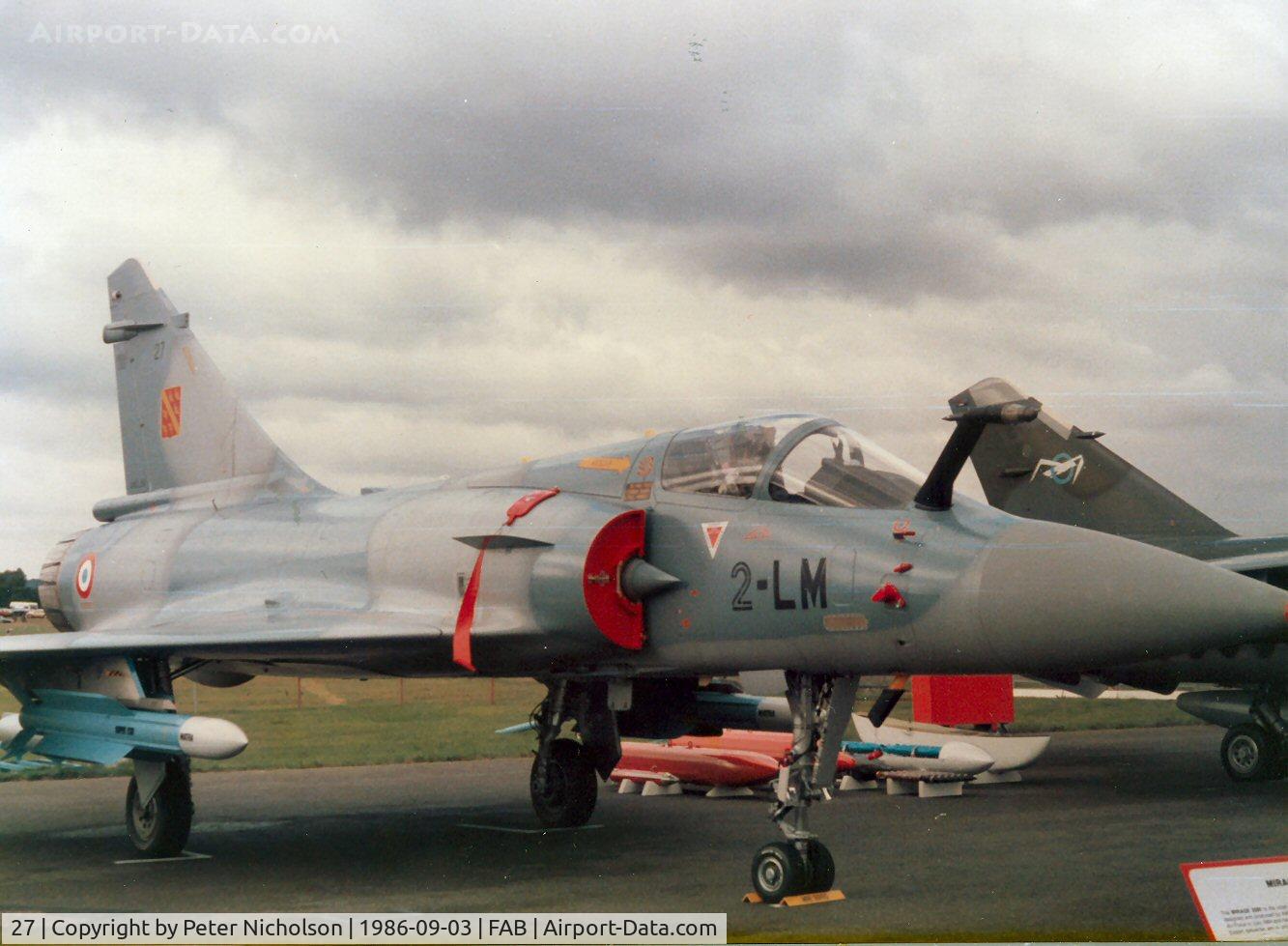 27, Dassault Mirage 2000C C/N 27, Mirage 2000C of EC 3/2 on display at the 1986 Farnborough Airshow.