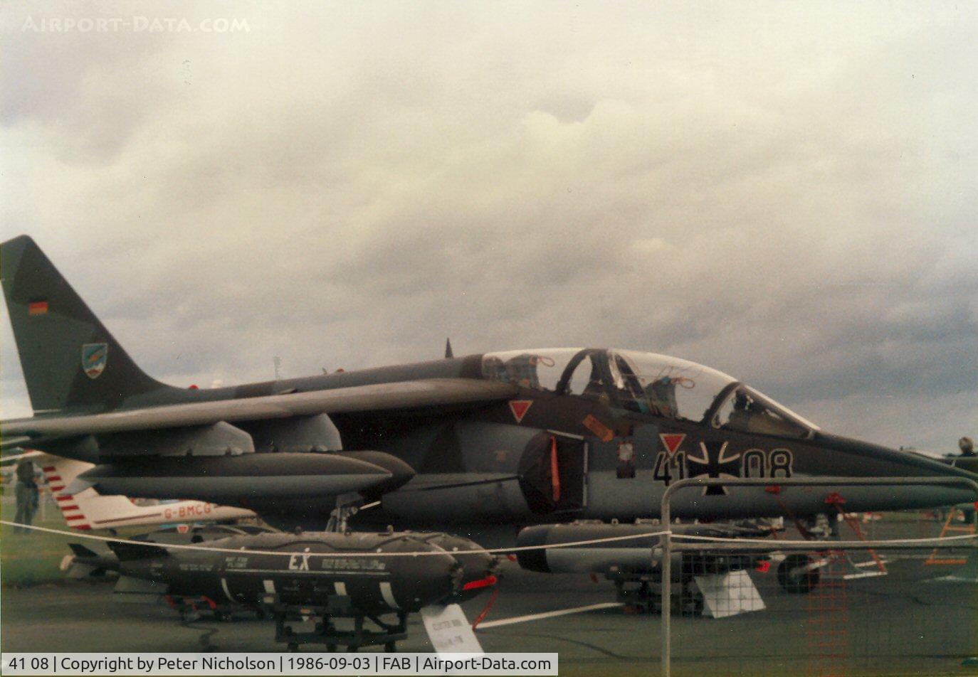 41 08, Dassault-Dornier Alpha Jet A C/N 0108, Alpha Jet of JBG-49 on display at the 1986 Farnborough Airshow.