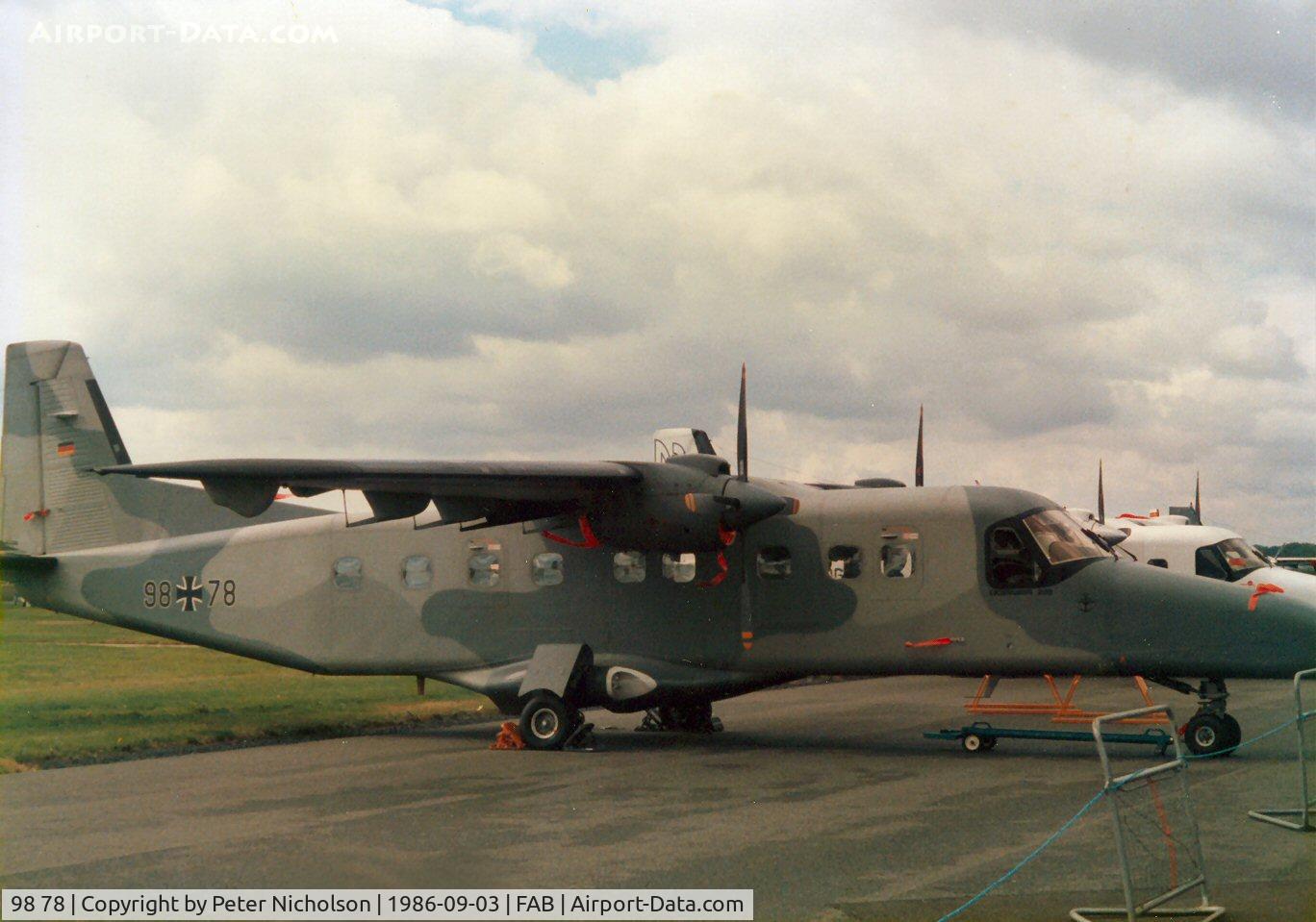 98 78, 1985 Dornier 228-201 C/N 8068, Dornier Do.228, callsign Dixi 32, of German Kreigsmarine MFG-5 on display at the 1986 Farnborough Airshow.