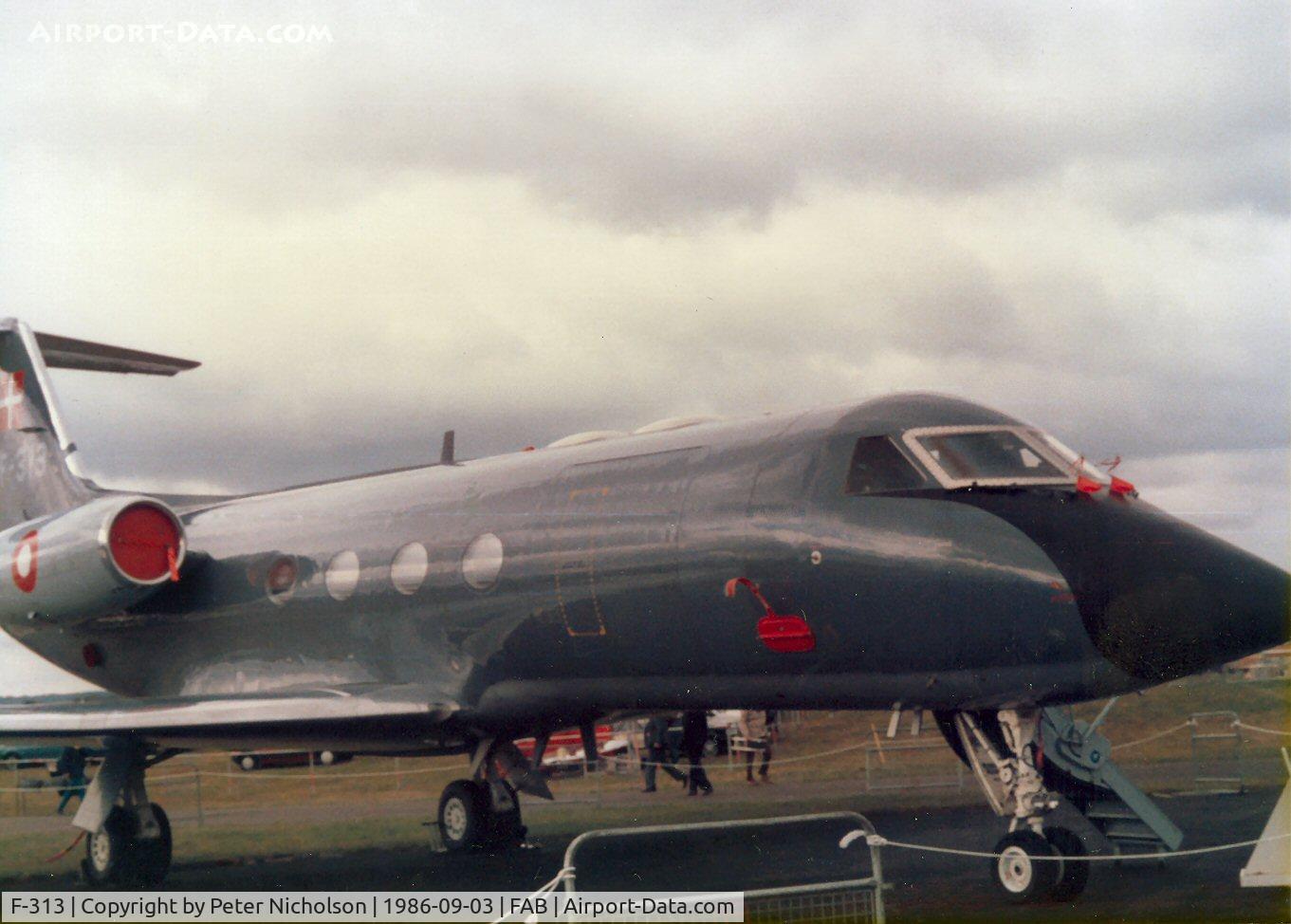 F-313, 1981 Gulfstream American G-1159A Gulfstream III Gulfstream III C/N 313, Gulfstream III of Esk 721 Royal Danish Air Force on display at the 1986 Farnborough Airshow.