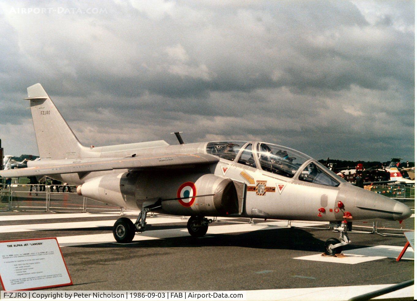 F-ZJRO, Dassault-Dornier Alpha Jet E C/N X153, One of the Alpha Jets present at the 1986 Farnborough Airshow.