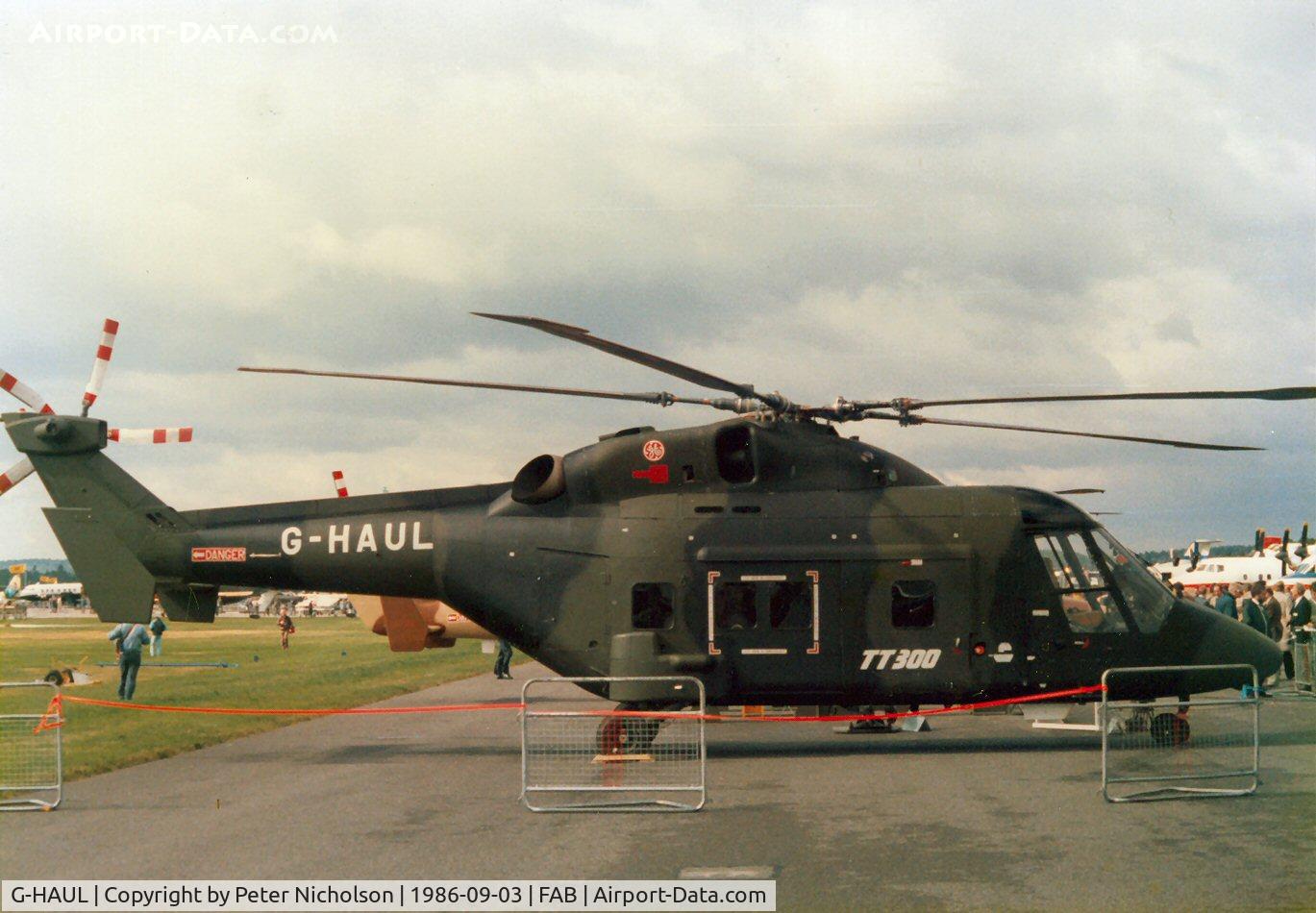G-HAUL, 1986 Westland WG-30-300 C/N 020, Now a museum exhibit, this Westland 30 Series 300 demonstrator was present at the 1986 Farnborough Airshow.