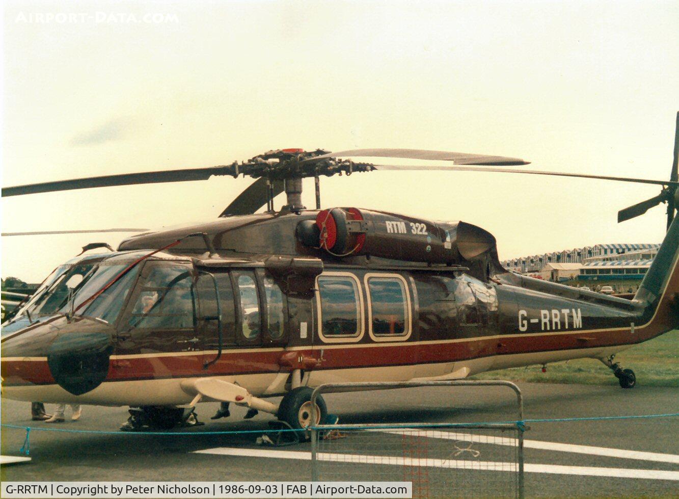G-RRTM, 1983 Sikorsky S-70C C/N 70583, This Rolls-Royce engined Blackhawk was present at the 1986 Farnborough Airshow.