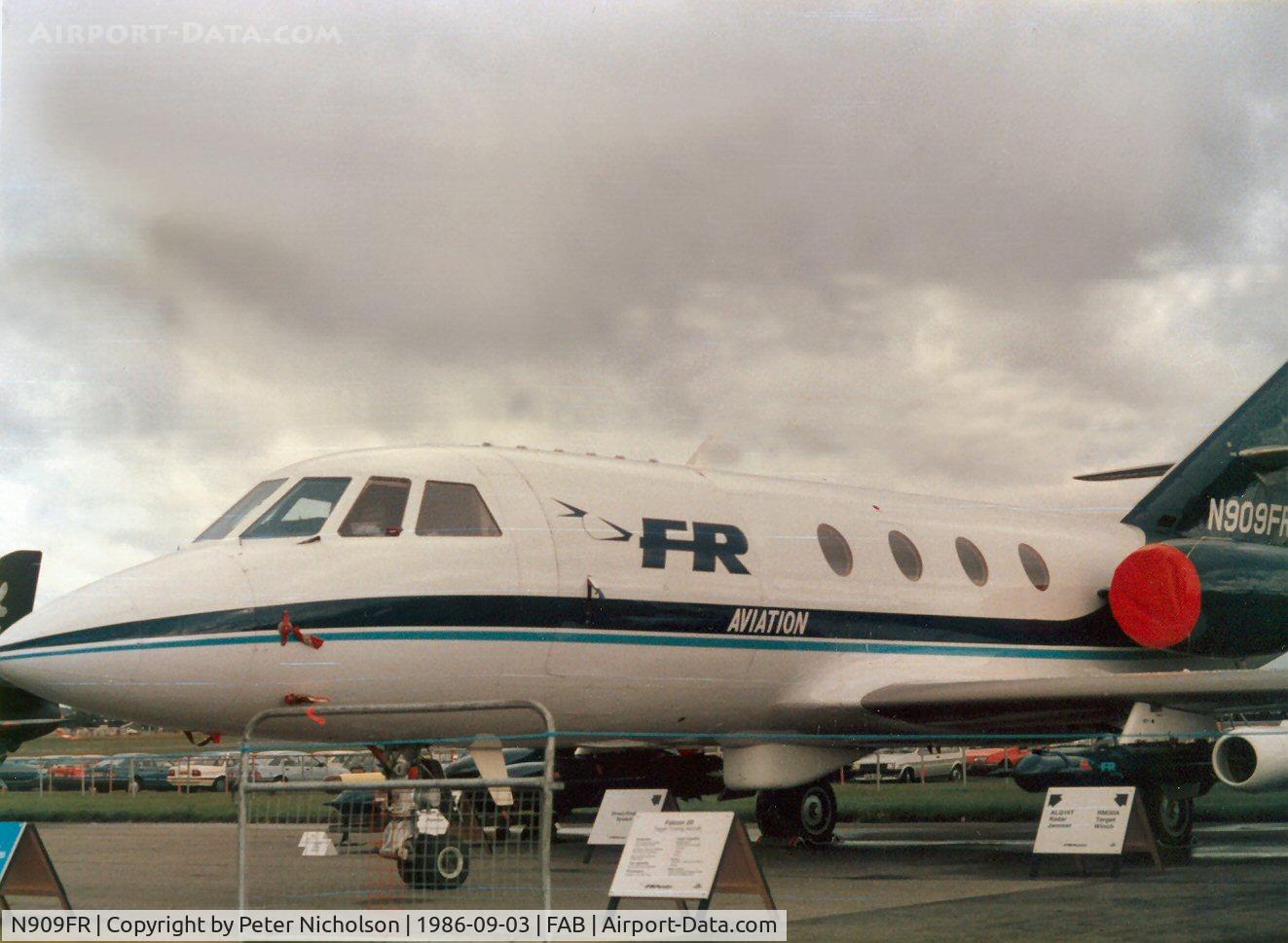 N909FR, 1969 Dassault Falcon (Mystere) 20DC C/N 209, FR Aviation's Falcon 20 was displayed at the 1986 Farnborough Airshow.