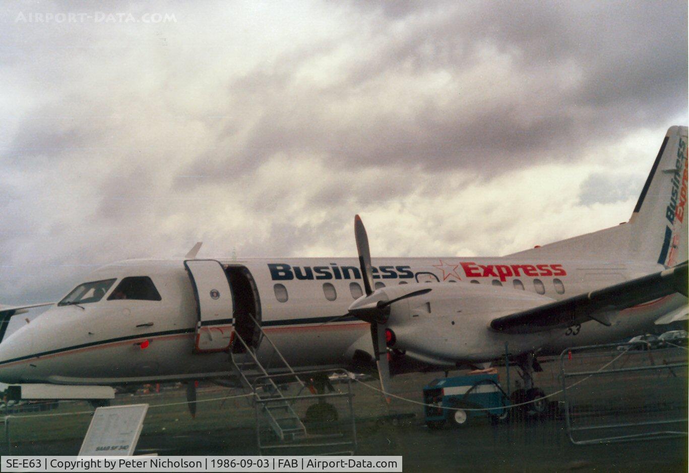 SE-E63, 1986 Saab 340A C/N 340A-063, Saab SF340A of Business Express was demonstrated at the 1986 Farnborough Airshow.