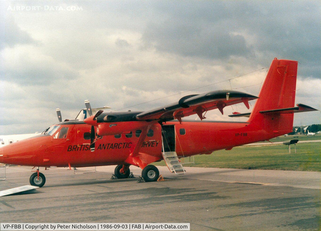 VP-FBB, 1982 De Havilland Canada DHC-6-300 Twin Otter C/N 783, The British Antarctic Survey's Twin Otter was displayed at the 1986 Farnborough Airshow.