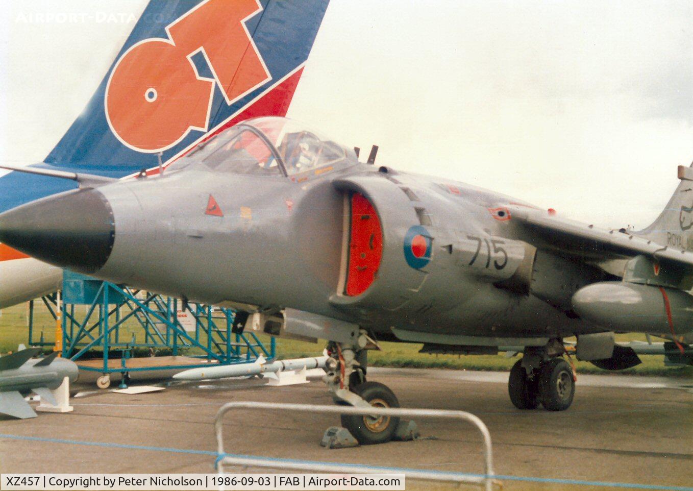 XZ457, 1979 British Aerospace Sea Harrier FRS.1 C/N 41H-912011, This Sea Harrier FRS.1 of 899 Squadron was demonstrated at the 1986 Farnborough Airshow.