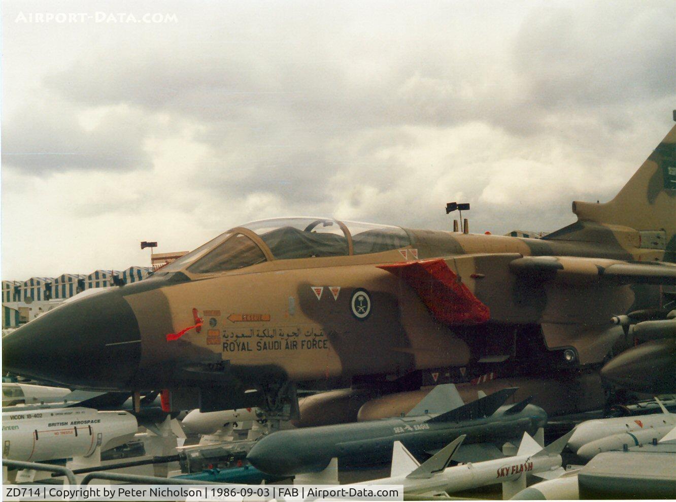 ZD714, 1984 Panavia Tornado GR.1 C/N 336/BS115/3155, This Tornado GR.1 bore a Royal Saudi Air Force colour scheme at the 1986 Farnborough Airshow.
