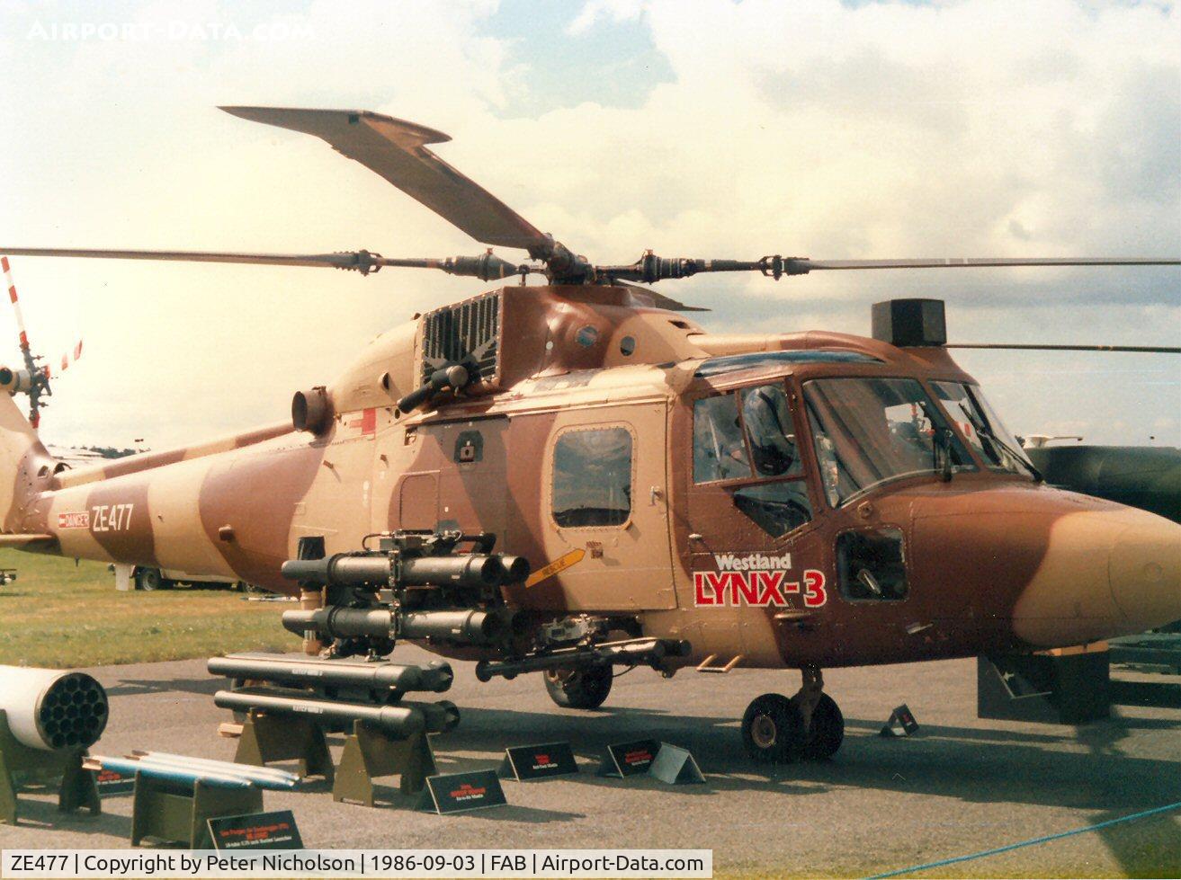 ZE477, 1984 Westland Lynx HAS.3 C/N 310/001P, This Lynx Mk.3 demonstrator was displayed at the 1986 Farnborough Airshow.