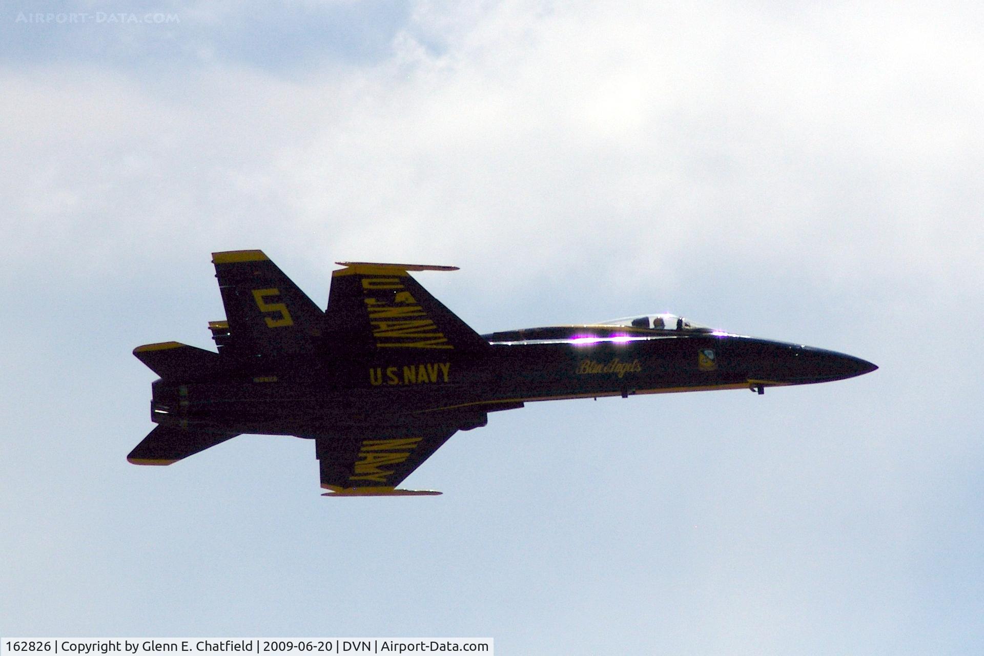 162826, McDonnell Douglas F/A-18A Hornet C/N 0338/A282, Blue Angel 5 at the Quad Cities airshow.  I'm shooting into the sun -argh!