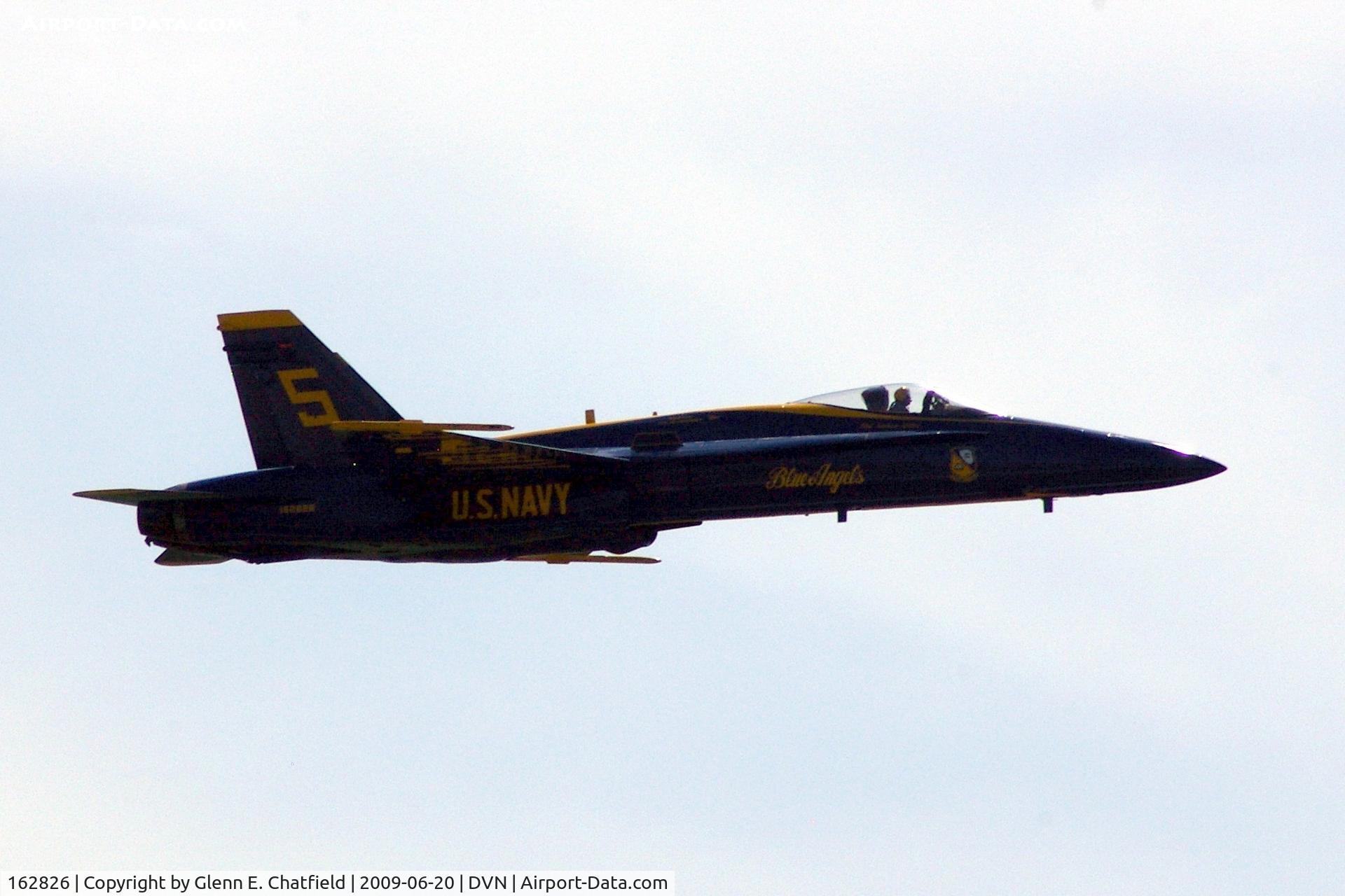 162826, McDonnell Douglas F/A-18A Hornet C/N 0338/A282, Blue Angel 5 at the Quad Cities airshow.  I'm shooting into the sun -argh!
