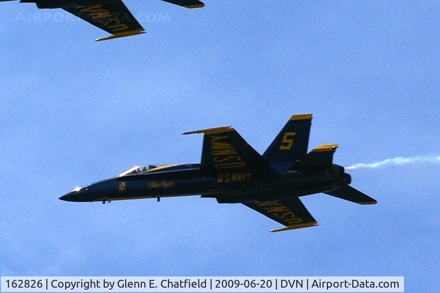 162826, McDonnell Douglas F/A-18A Hornet C/N 0338/A282, Blue Angel 5 at the Quad Cities airshow.  I'm shooting into the sun -argh!