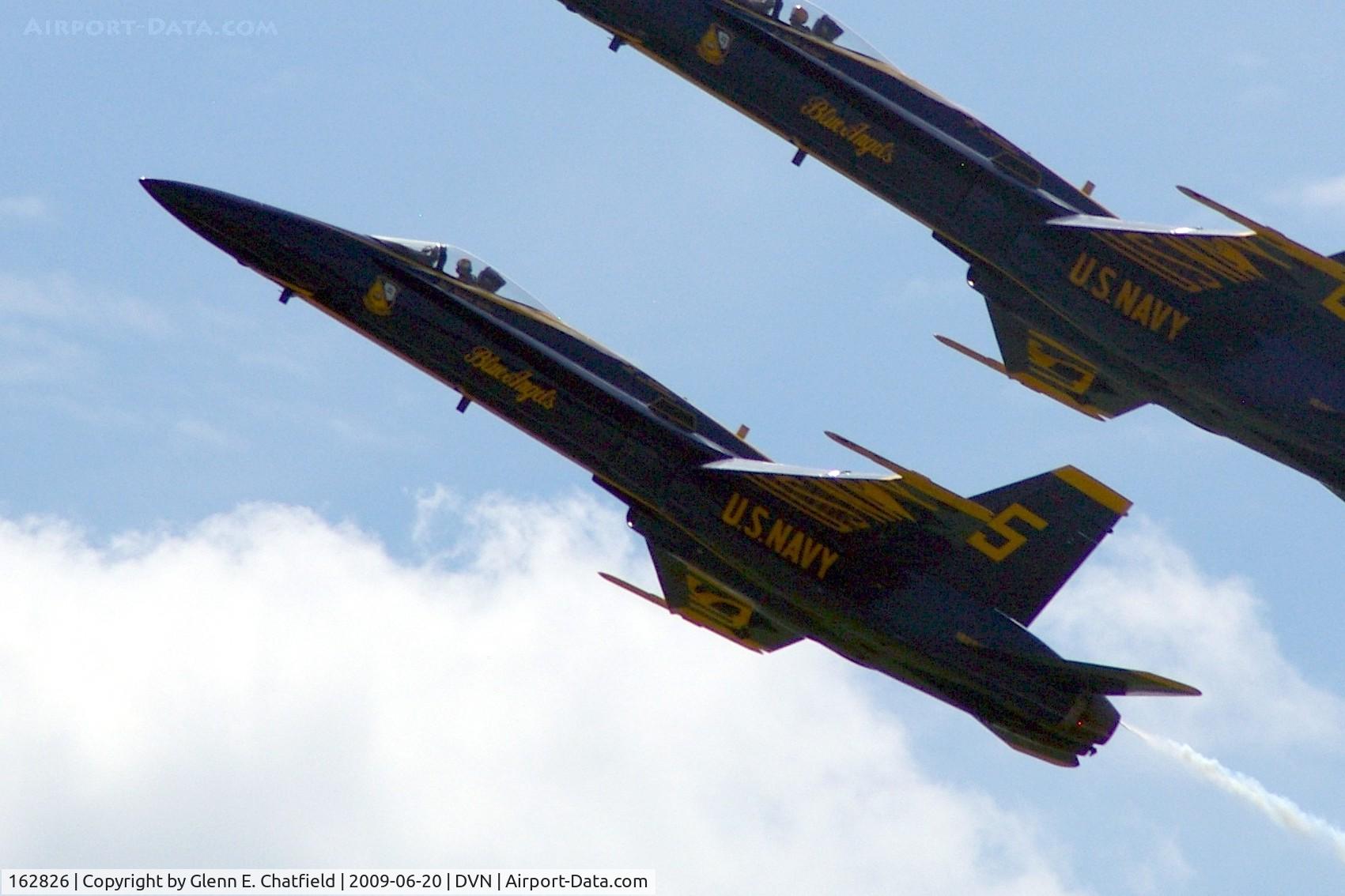 162826, McDonnell Douglas F/A-18A Hornet C/N 0338/A282, Blue Angel 5 at the Quad Cities airshow.  I'm shooting into the sun -argh!