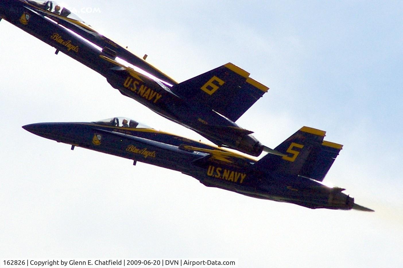 162826, McDonnell Douglas F/A-18A Hornet C/N 0338/A282, Blue Angel 5 at the Quad Cities airshow.  I'm shooting into the sun -argh!