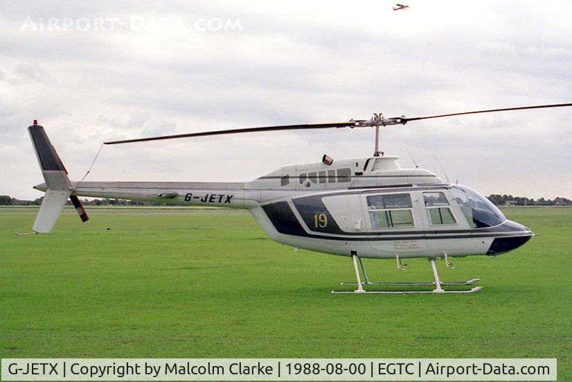 G-JETX, 1981 Bell 206B JetRanger III C/N 3208, Bell 206B. At Cranfield Airfield, Beds, UK in 1988.