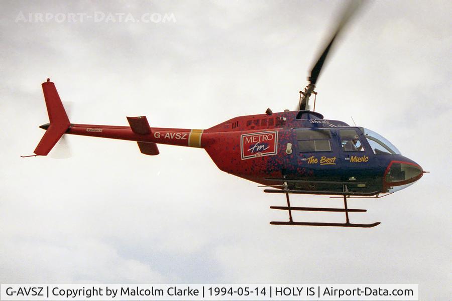 G-AVSZ, 1968 Agusta AB-206B JetRanger II C/N 8032, Agusta Bell 206B. Above Holy Island off the NE coast of the UK in 1994.