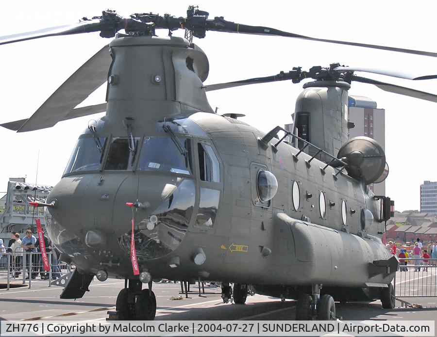 ZH776, Boeing Vertol Chinook HC.2 C/N M4452, B-V Chinook HC-2A. On board the amphibious helicopter carrier HMS Ocean in the Port of Sunderland which this weekend (July 2004) was granted the freedom of the city.