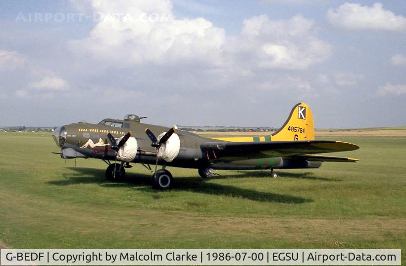 G-BEDF, 1944 Boeing B-17G Flying Fortress C/N 8693, Boeing B-17G. 124485 owned by B-17 Preservation Ltd at the Imperial War Museum, Duxford in 1986.