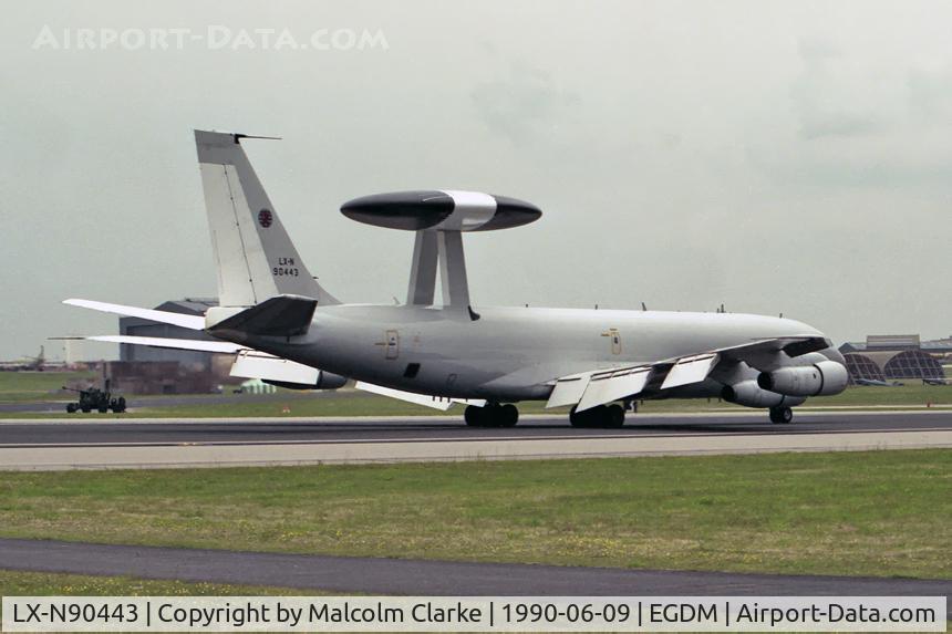 LX-N90443, 1981 Boeing E-3A Sentry C/N 22838, Boeing E-3A Sentry.  In less than ideal weather conditions at Boscombe's Battle of Britain Air Show in 1990.