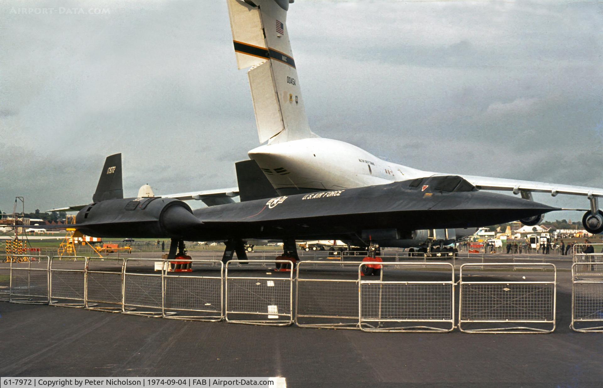 61-7972, 1961 Lockheed SR-71A Blackbird C/N 2023, This SR-71A Blackbird of the 9th Strategic Reconnaissance Wing at Beale AFB was displayed at the 1974 Farnborough Airshow. Three days earlier it had established a trans-Atlantic record breaking flight from New York to London in 1 hour 54 minutes 56.4 secs