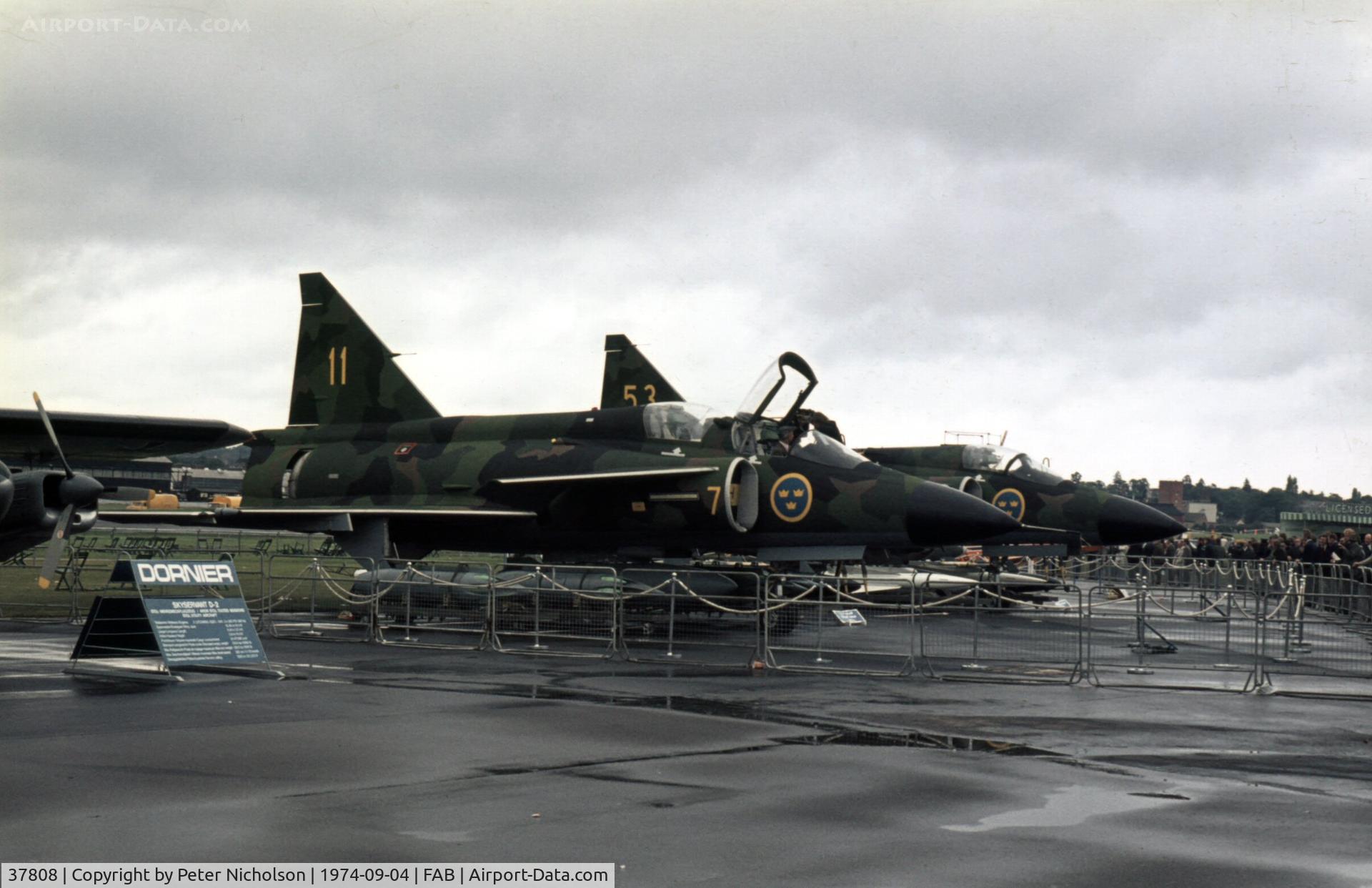 37808, Saab SK37 Viggen C/N 37808, Swedish Air Force SK37 Viggen coded 11 of F7 Wing based at Satenas on display at the 1974 Farnborough Airshow.