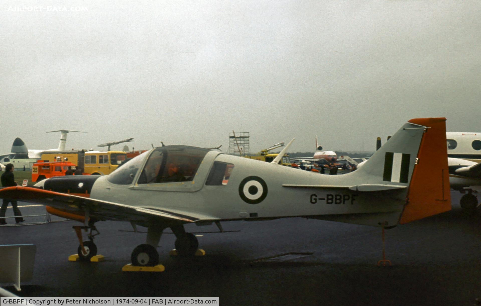 G-BBPF, 1974 Scottish Aviation Bulldog Series 120 Model 123 C/N BH120/282, This Bulldog 125 for the Nigerian Air Force was displayed at the 1974 Farnborough Airshow.