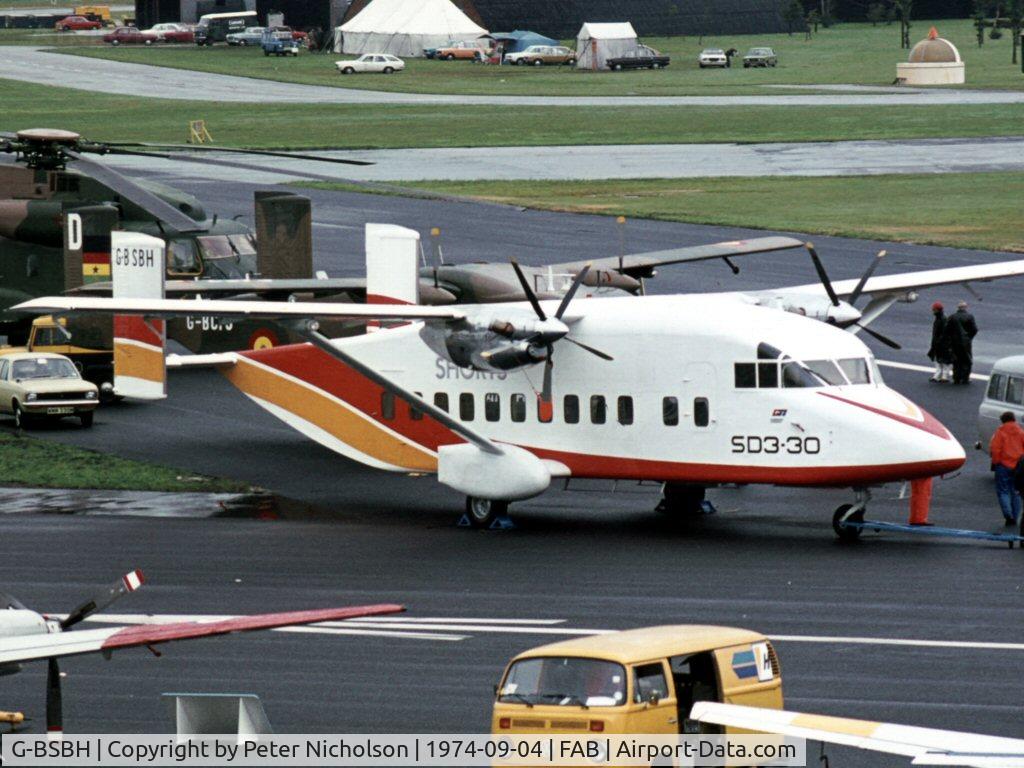 G-BSBH, 1974 Short 330 C/N SH.3000, Shorts demonstrated their SD3-30 prototype at the 1974 Farnborough Airshow - the first flight was taken on August 22, 1974.