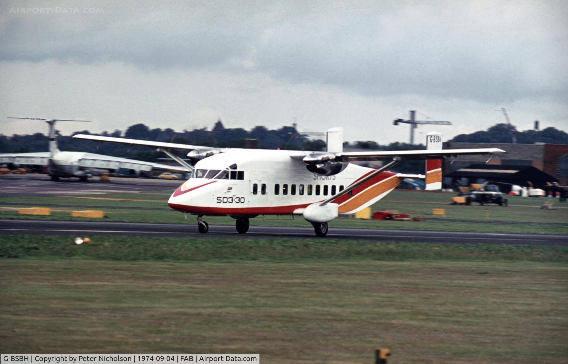 G-BSBH, 1974 Short 330 C/N SH.3000, Another view of the Shorts demonstrator at the 1974 Farnborough Airshow.