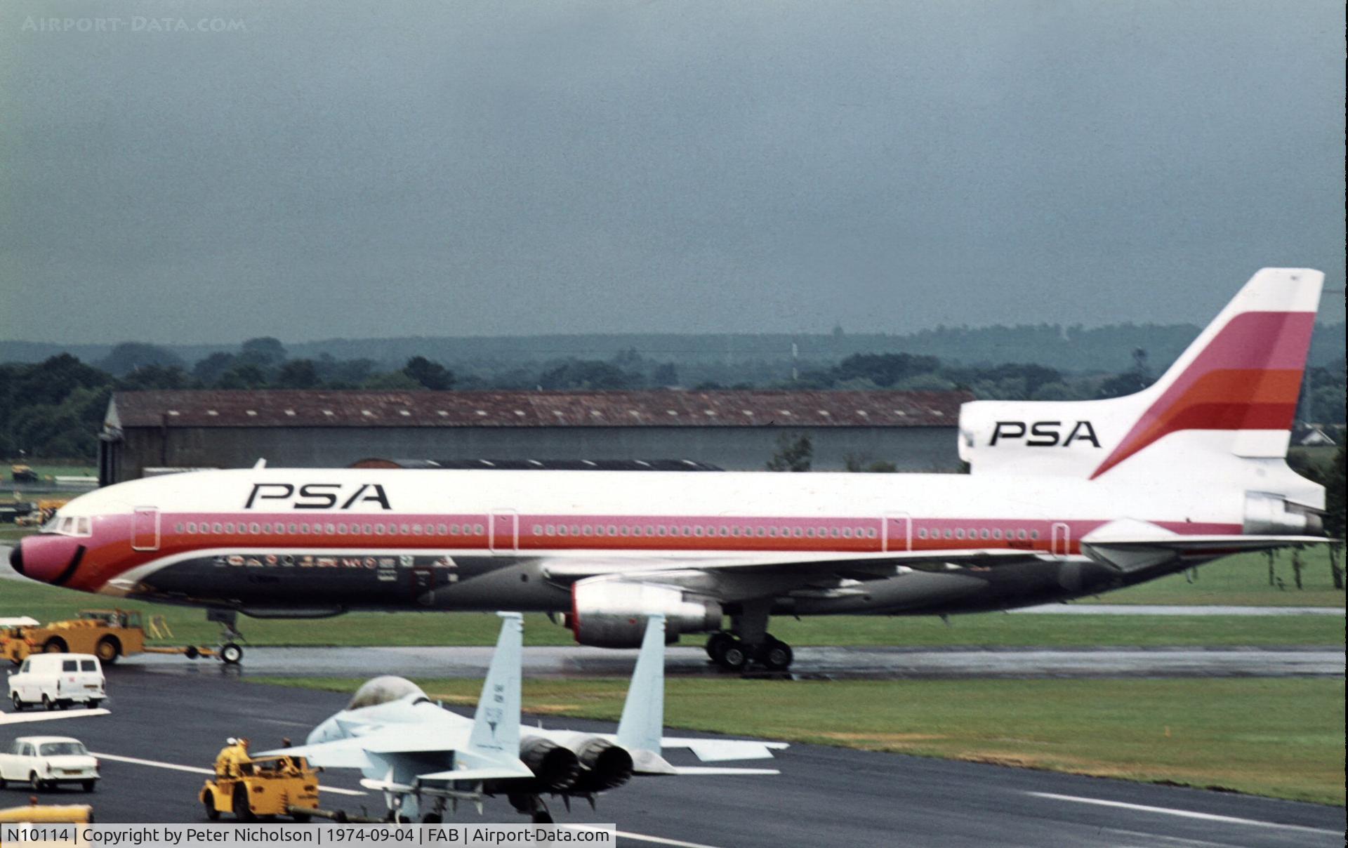 N10114, 1974 Lockheed L-1011-385-1-14 TriStar 100 C/N 193L-1079, Lockheed demonstrated their L-1011 TriStar in Pacific Southwest Airlines colours at the 1974 Farnborough Airshow - this was the 80th production aircraft and the second for PSA.