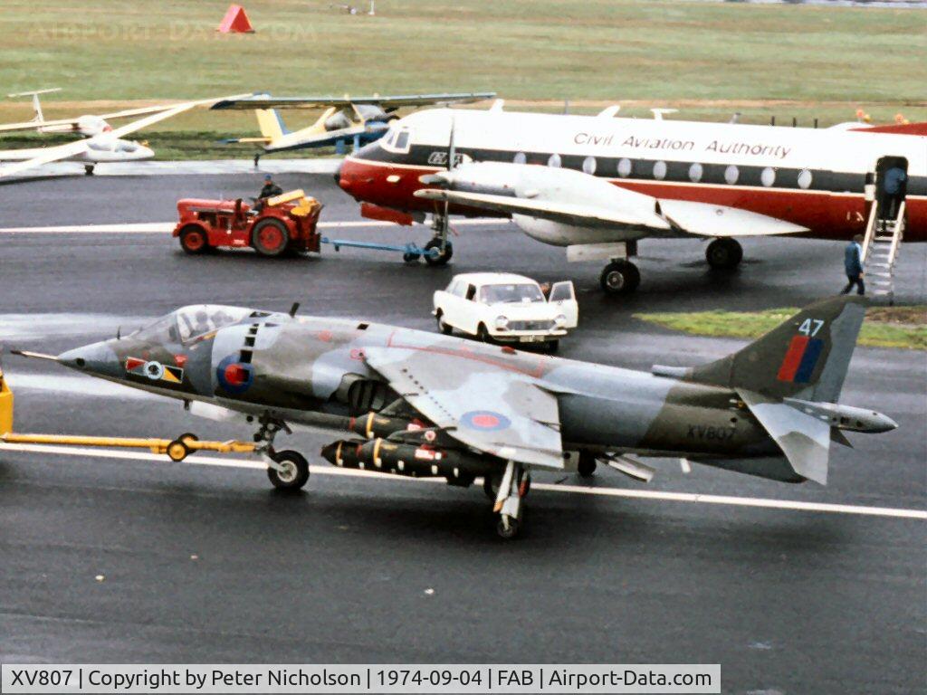 XV807, 1971 Hawker Siddeley Harrier GR.3 C/N 712057, This Harrier GR.3 of 233 Operational Conversion Unit was displayed at the 1974 Farnborough Airshow.