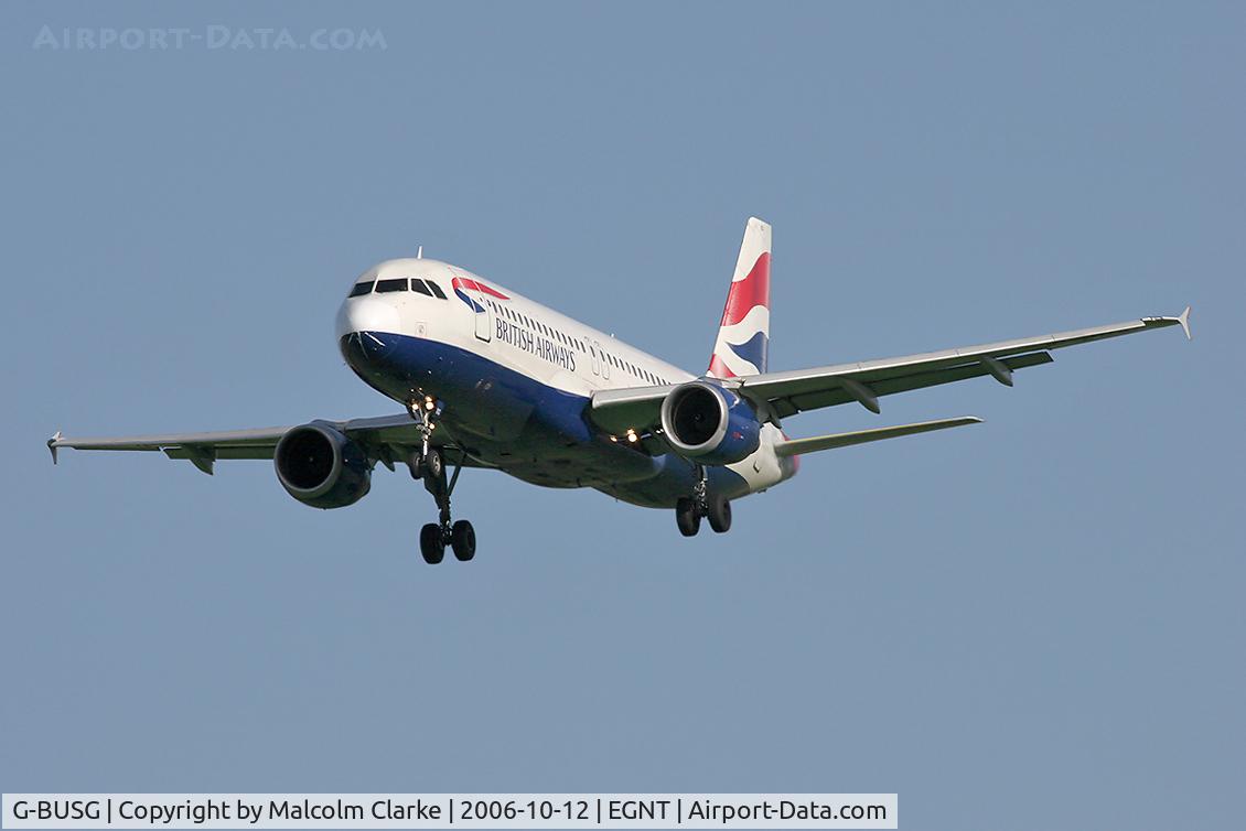 G-BUSG, 1989 Airbus A320-211 C/N 039, Airbus A320-211. On approach to Rwy 25 at Newcastle Airport.