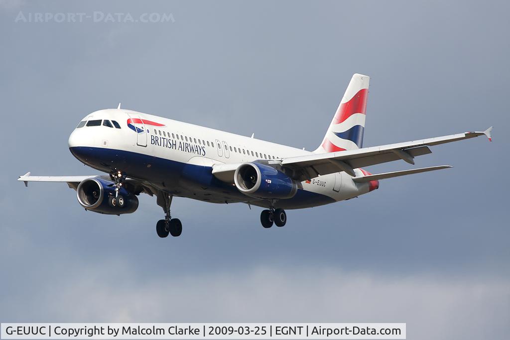 G-EUUC, 2001 Airbus A320-232 C/N 1696, Airbus A320-232. On approach to Rwy 25 at Newcastle Airport.