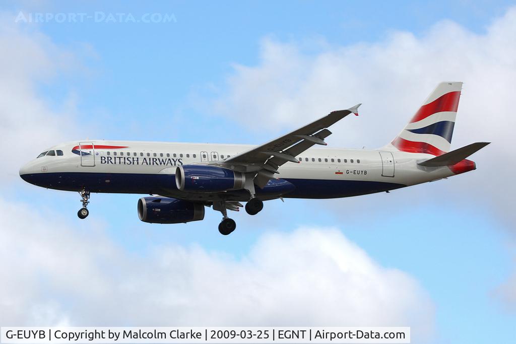 G-EUYB, 2008 Airbus A320-232 C/N 3703, A320-232 on approach to rwy 25 at Newcastle Airport.