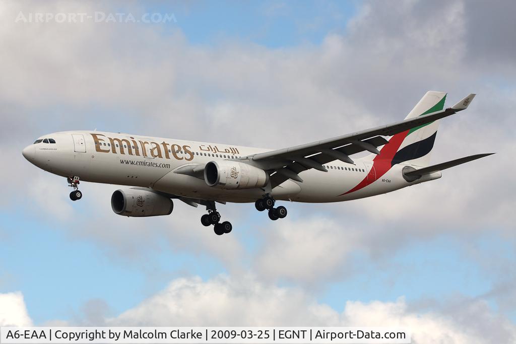 A6-EAA, 2000 Airbus A330-243 C/N 348, Airbus A330-243 on approach to rwy 25 at Newcastle Airport, UK in 2009.