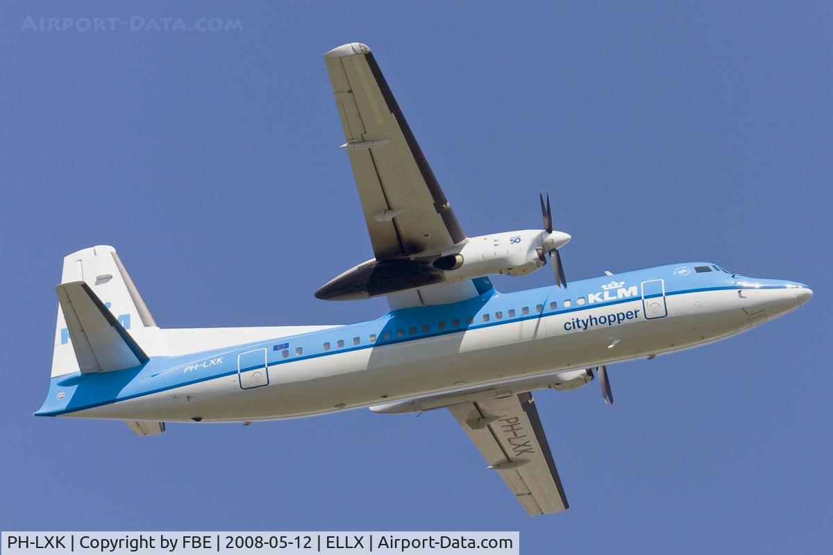 PH-LXK, 1993 Fokker 50 C/N 20271, departing Luxemburg via RW06