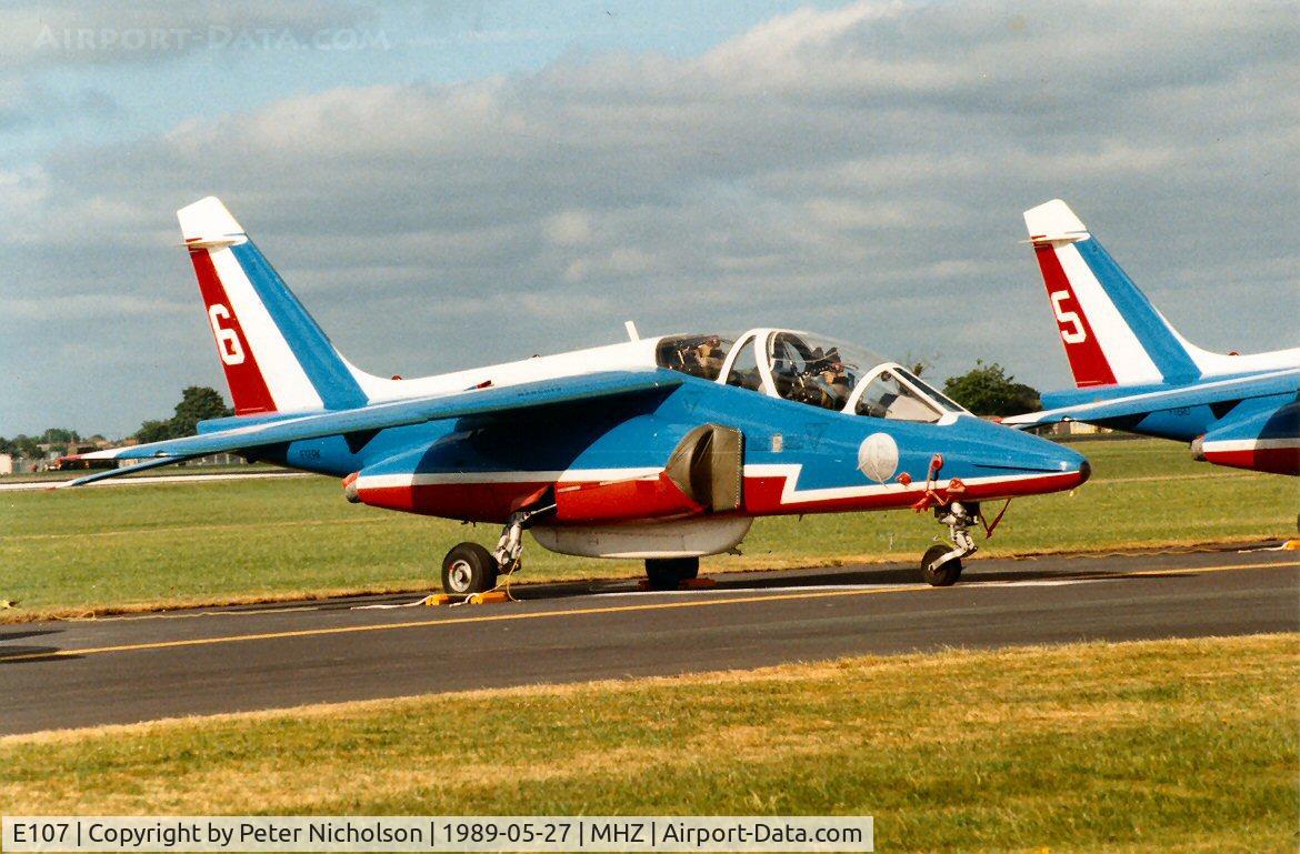 E107, Dassault-Dornier Alpha Jet E C/N E107, Alpha Jet number six of the Patrouille de France aerobatic display team which was present at the 1989 Mildenhall Air Fete.