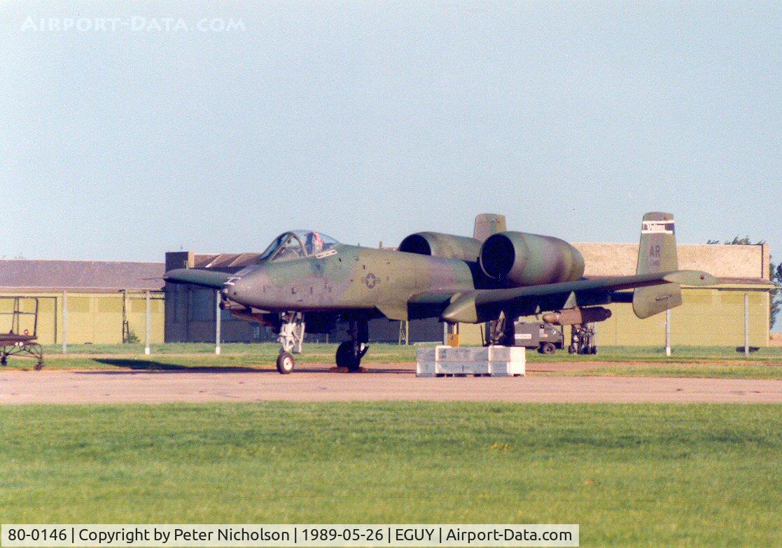 80-0146, 1980 Fairchild Republic A-10A Thunderbolt II C/N A10-0496, A-10A Thunderbolt of 511th Tactical Fighter Squadron/10th Tactical Fighter Wing on detachment to RAF Wyton in May 1989.