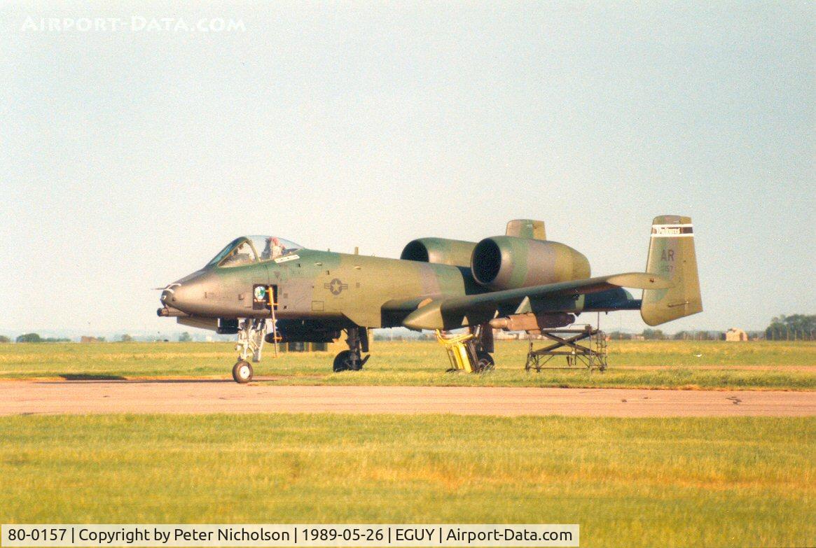 80-0157, 1980 Fairchild Republic A-10A Thunderbolt II C/N A10-0507, A-10A Thunderbolt of 511th Tactical Fighter Squadron/10th Tactical Fighter Wing on detachment to RAF Wyton in May 1989.