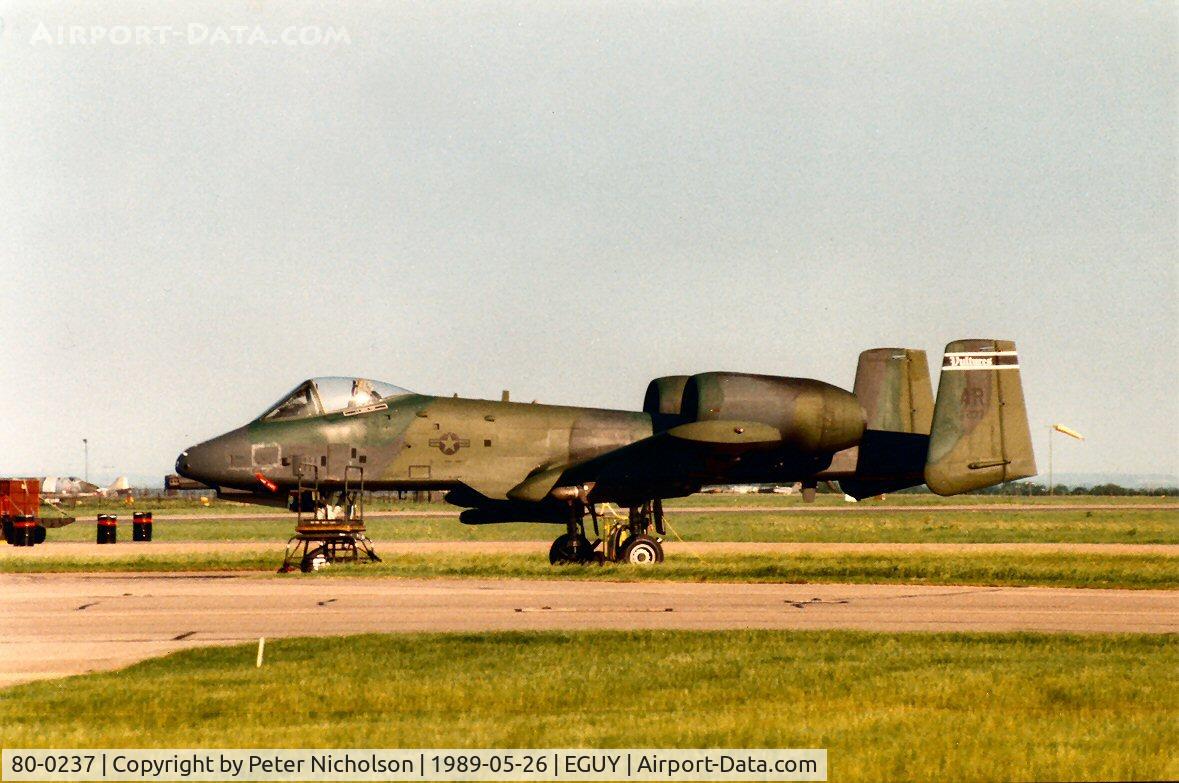 80-0237, 1980 Fairchild Republic A-10A Thunderbolt II C/N A10-0587, A-10A Thunderbolt of 511th Tactical Fighter Squadron/10th Tactical Fighter Wing on detachment to RAF Wyton in May 1989.