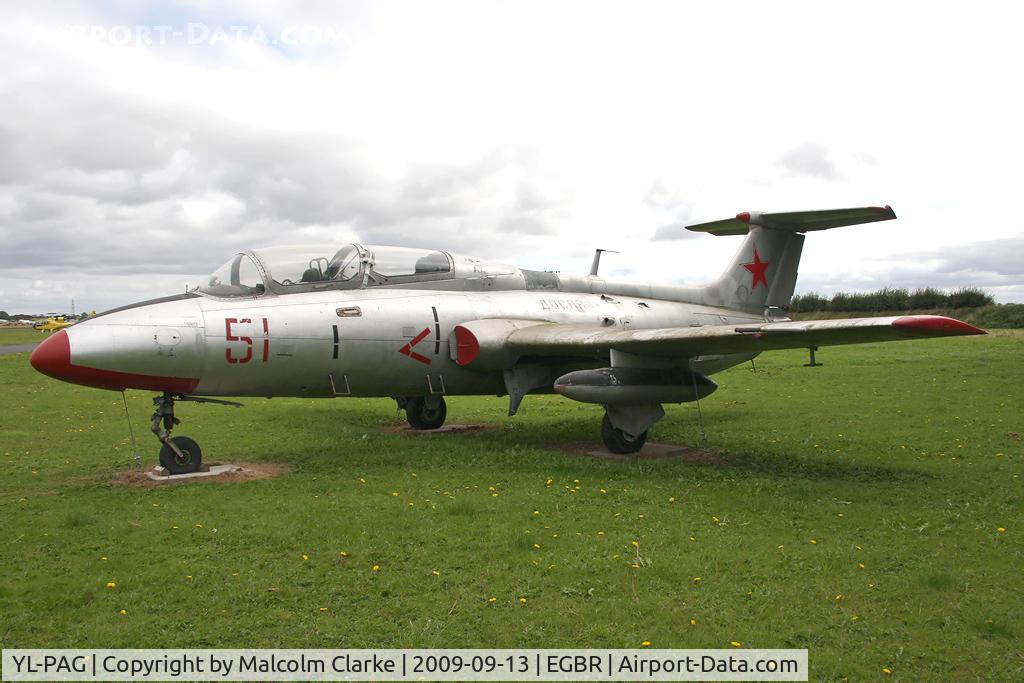 YL-PAG, Aero L-29 Delfin C/N 491273, Aero_L-29_Delfin. On gate guard duties at the Real Aeroplane Company at Breighton Airfield in 2009.