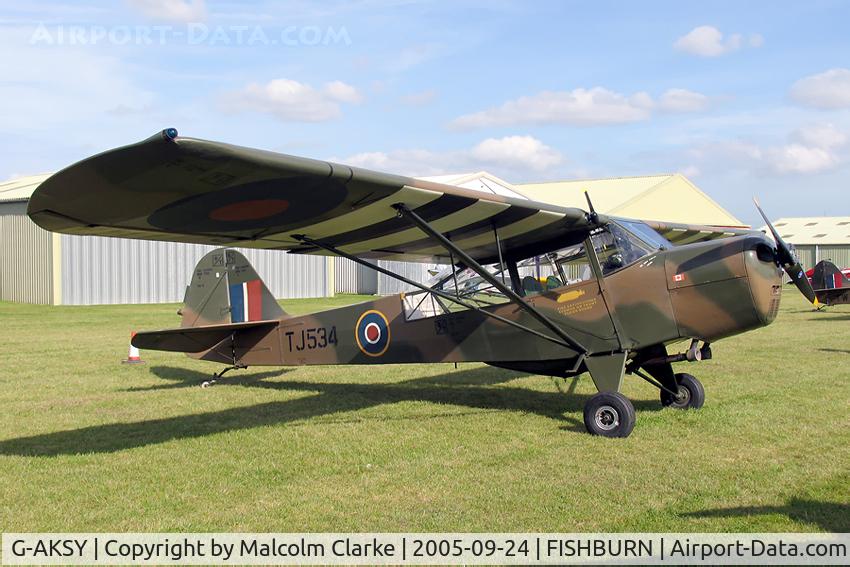 G-AKSY, 1944 Taylorcraft J Auster 5 C/N 1567, Auster Auster 5. As TJ534 of the Army Air Corps visiting Fishburn Airfield's VE Day celebrations in 2005.