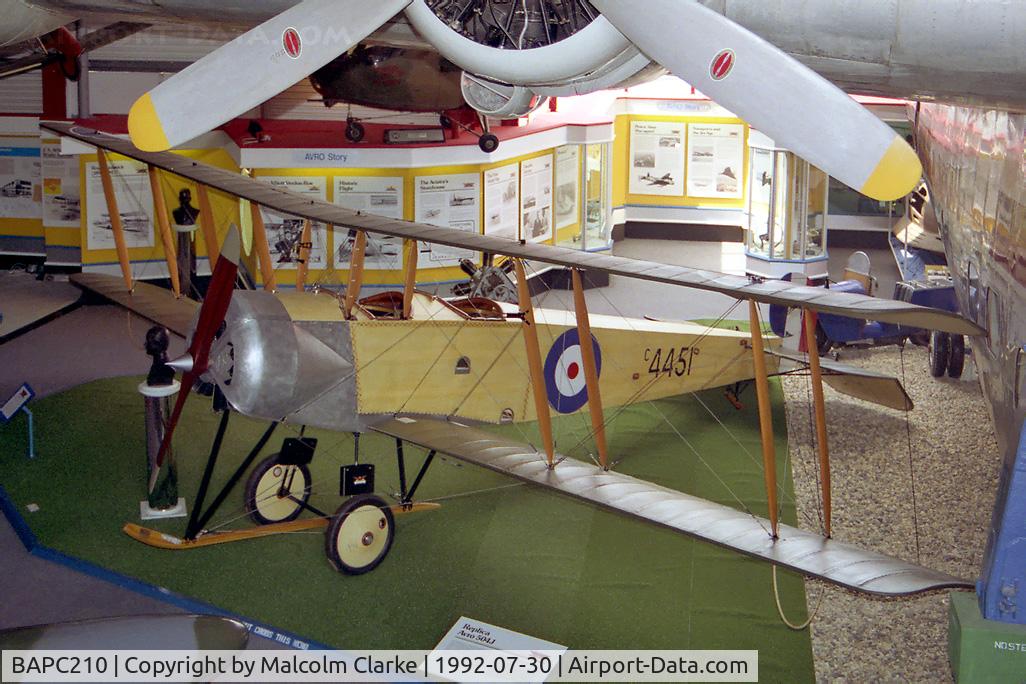 BAPC210, Avro 504J Replica C/N BAPC210, Avro 504K Replica at The Southampton Hall of Aviation (Now The Solent Sky Museum) in 1992.