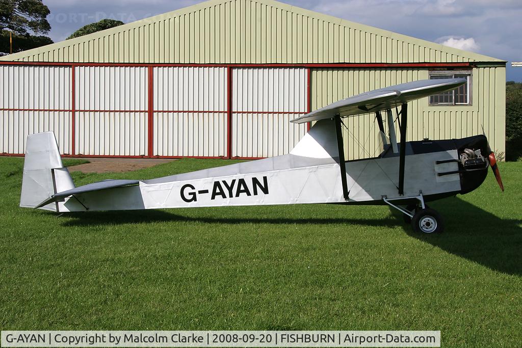 G-AYAN, 1970 Slingsby Cadet Motor Glider III C/N PFA 1385, Cadet III Motor Glider at Fishburn Airfield, UK in 2008. A 'Martins Conversion' (after Peter Martin) of a Slingsby T-31 Cadet Mklll Glider consisting of the removal of the front cockpit and addition of a fuel tank and the mounting of a 1600cc VW engine.