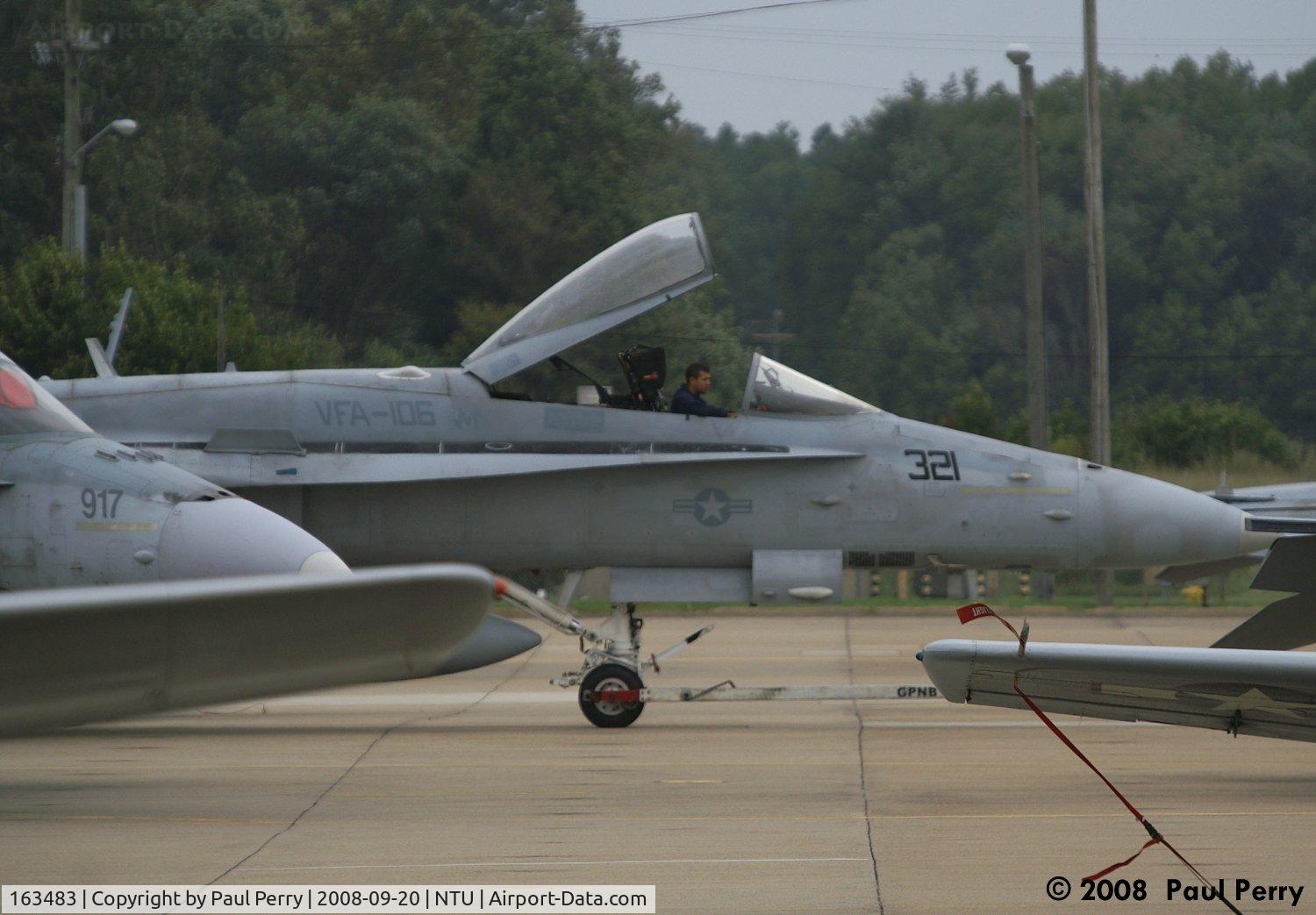 163483, 1988 McDonnell Douglas F/A-18C Hornet C/N 0714/C042, Getting a tow on the far side of the ramp