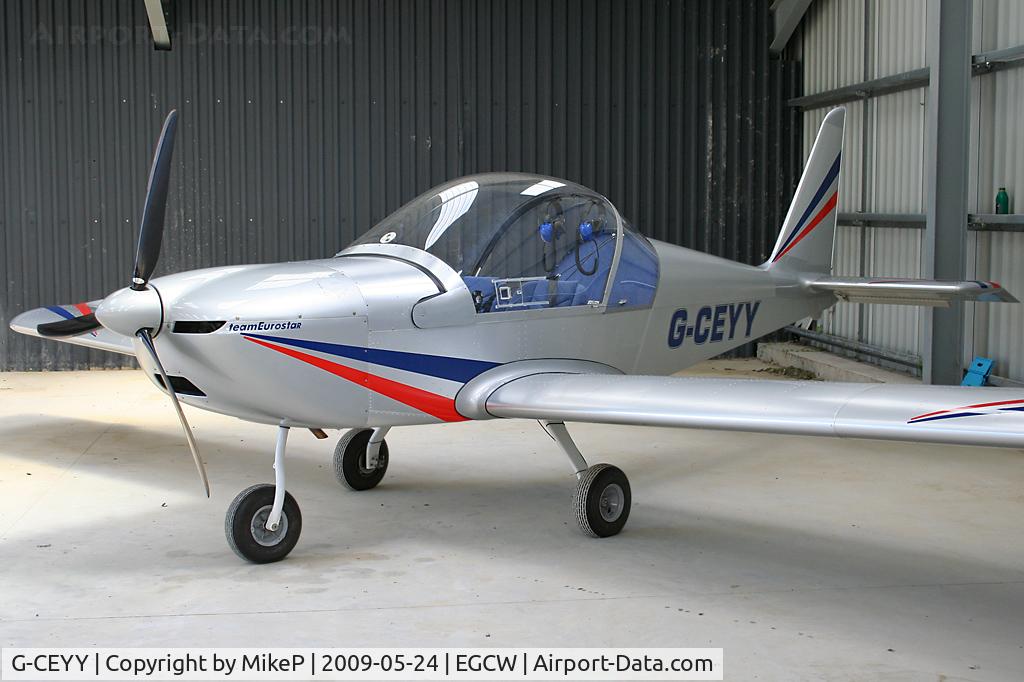 G-CEYY, 2007 Aerotechnik EV-97 Eurostar C/N 3123, Just about to be pushed out of the hangar prior to a local flight.