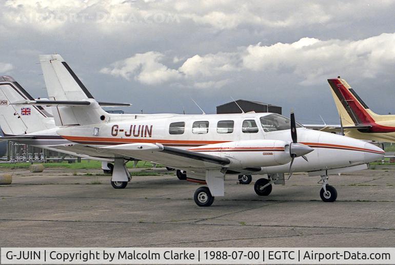 G-JUIN, 1982 Cessna T303 Crusader C/N T30300014, Cessna T303 at Cranfield Airport, UK in 1988.