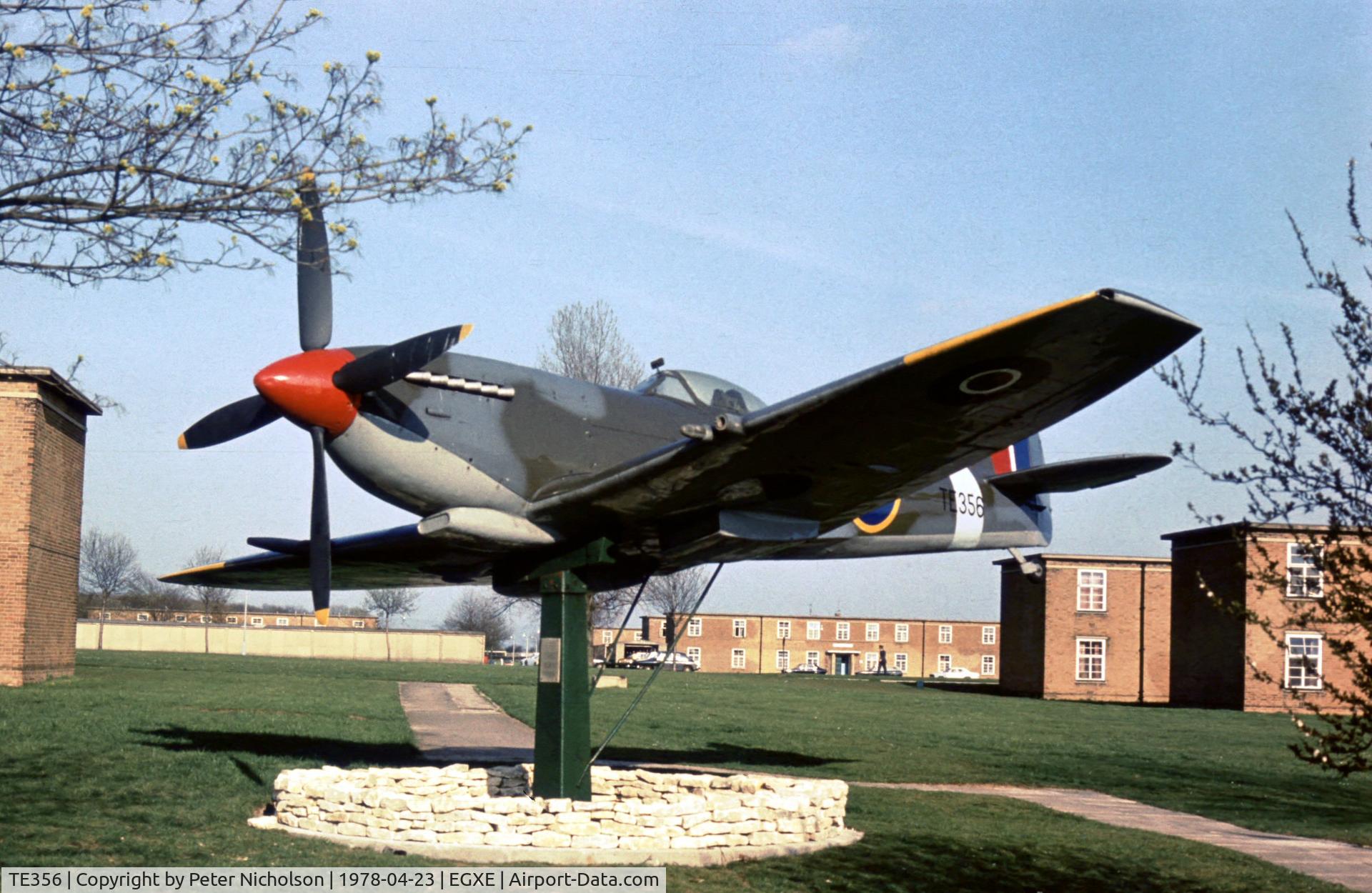 TE356, 1945 Supermarine 361 Spitfire LF.XVIe C/N CBAF.11470, Spitfire LF.XVIE as gate guardian at Leeming in April 1978.