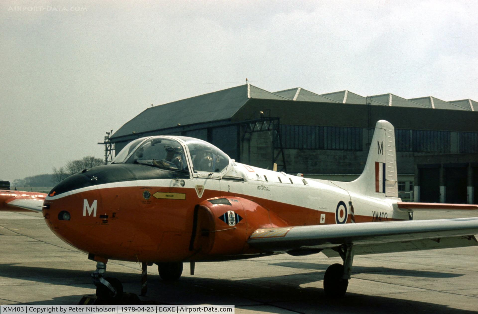 XM403, 1959 Hunting P-84 Jet Provost T.3A C/N PAC/W/7477, This Central Flying School Jet Provost T.3A was in the static park at the 1978 Leeming Open Day.